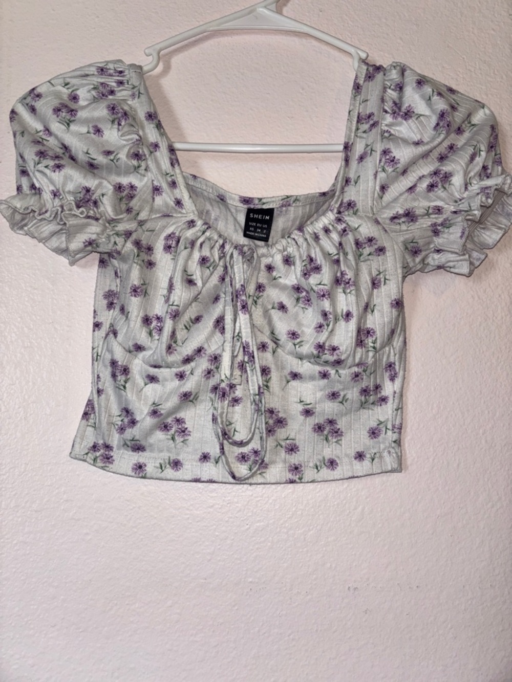 SHEIN White & Purple Floral Puff-Sleeve Crop Top XS